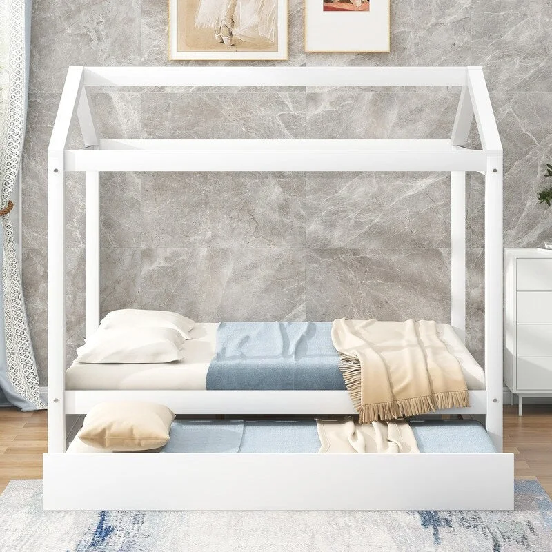 Full Size Wooden House Bed with Trundle,Support Legs,White