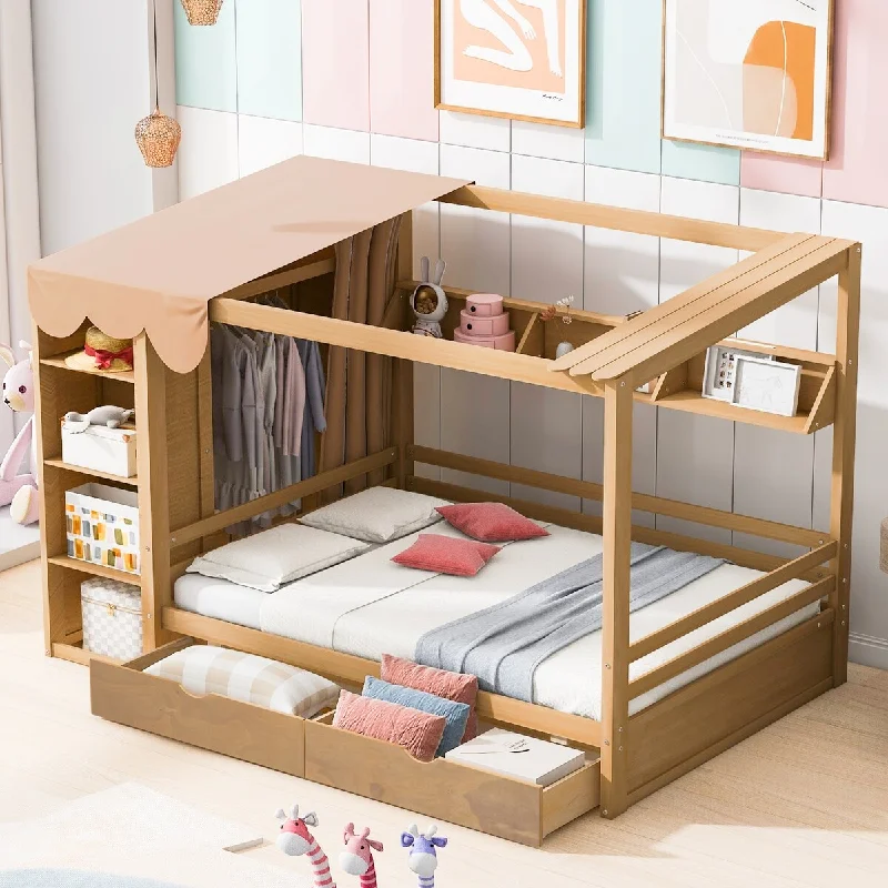 Full Solid Pine Wood House Bed with Built-in Wardrobe & Curtain Fabric,Storage Daybed with 2 Drawers & Storage Shelves, Natural