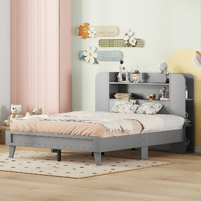 Grey Full Size Platform Bed with Storage Bookshelf Headboard, Space-Saving Design, Sturdy Construction, Easy Assembly