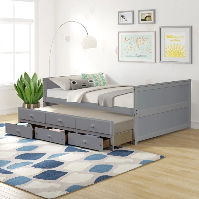 Grey Full Wood Captain's Bed with Trundle and Storage