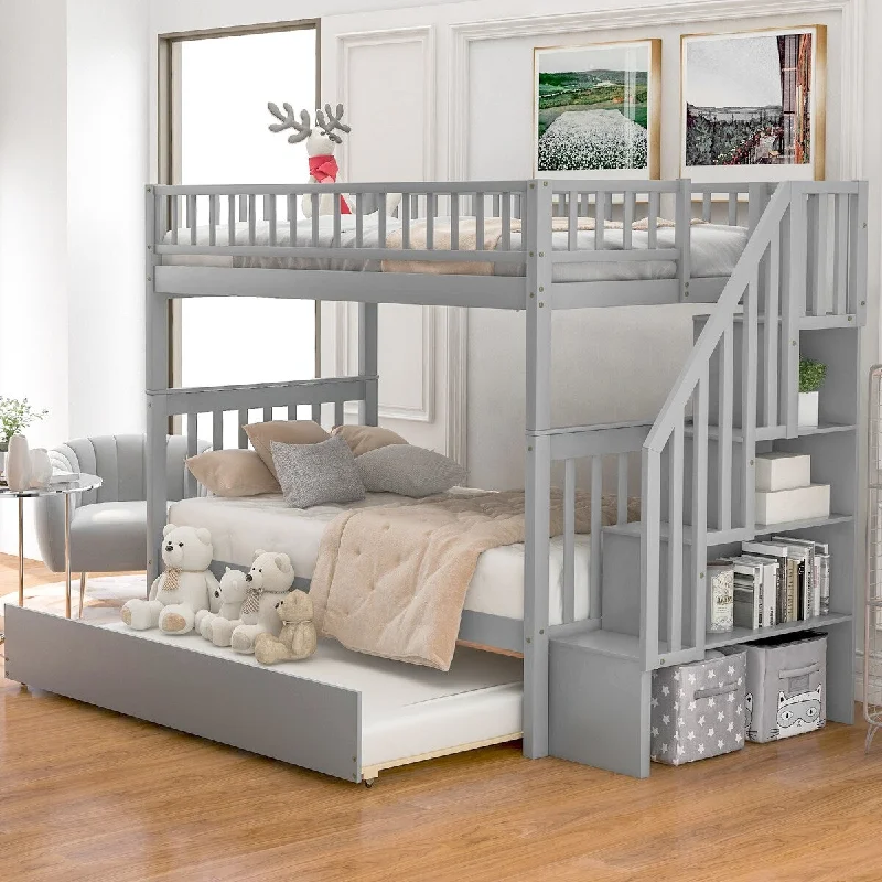 Grey Twin Over Twin Bunk Bed with Trundle