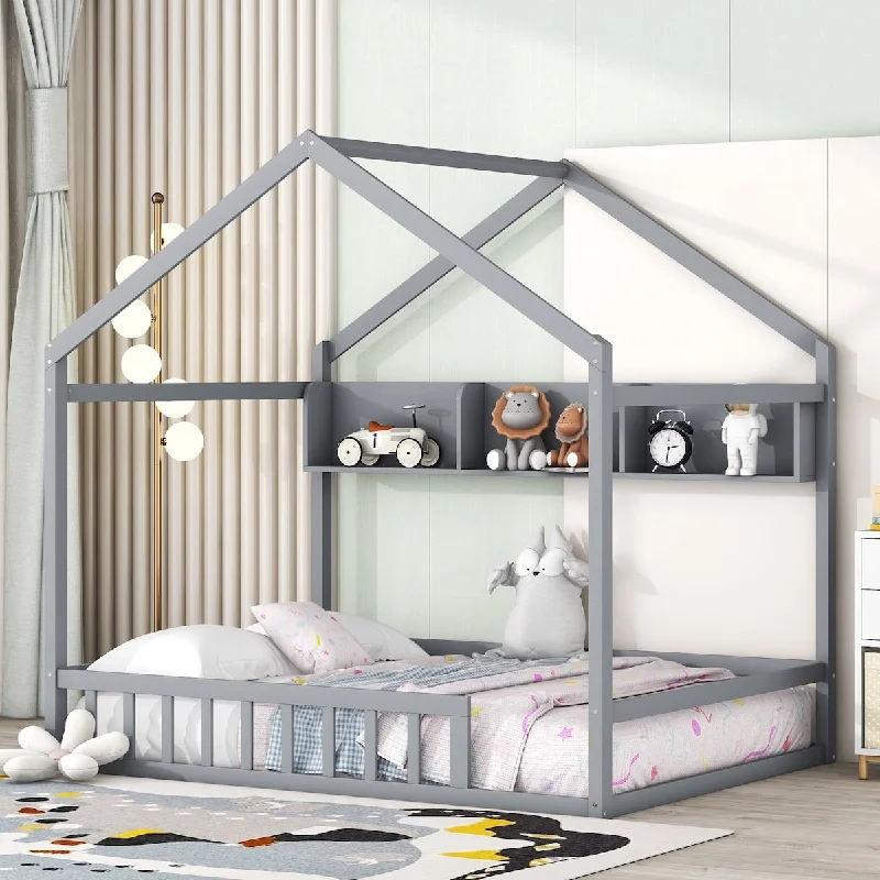 Grey Wooden Full Size House Bed with Storage Shelf and Fence