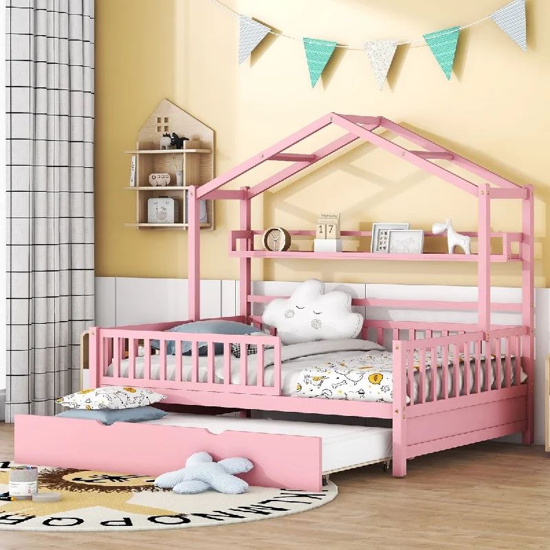 House Bed with Twin Size Trundle,Kids Bed with Shelf