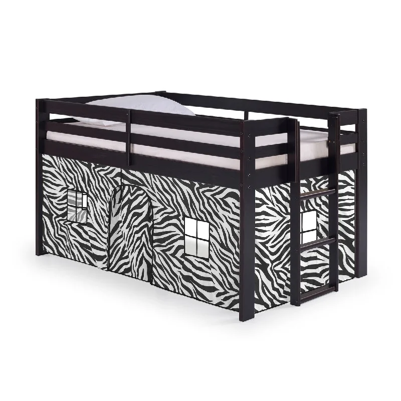 Jasper Twin Junior Loft Bed, Espresso Frame and Black&White Bottom Playhouse Tent