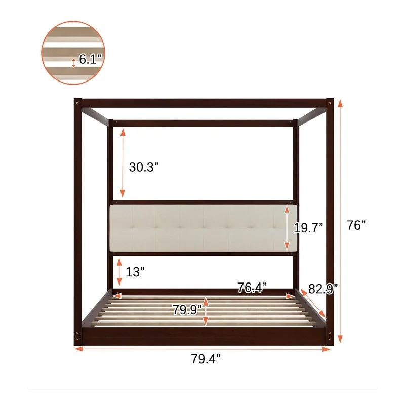 King Size Wooden Canopy Platform Bed with Upholstered Headboard,Espresso