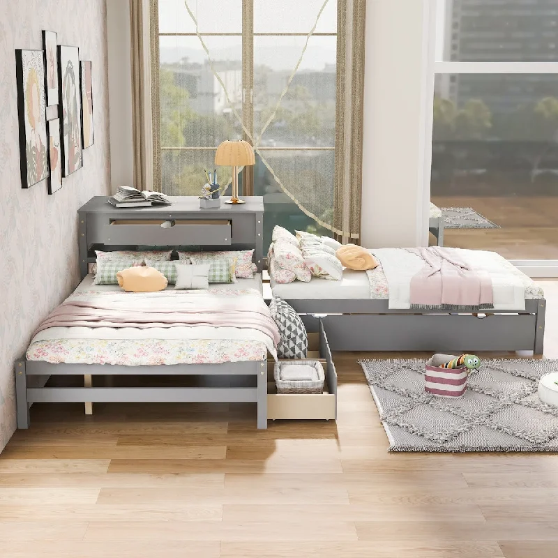 L-Shaped Full Platform Beds with Twin Trundle & Drawers Linked with Built-in Rectangle Table