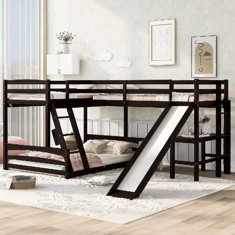 L-Shaped Twin Over Full Bunk Bed with Twin Loft Bed with Desk & Slide