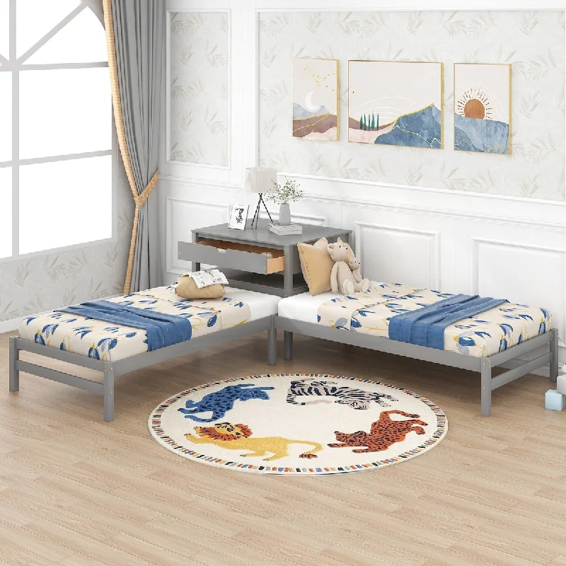 L-Shaped Twin Platform Beds with Rectangle Table