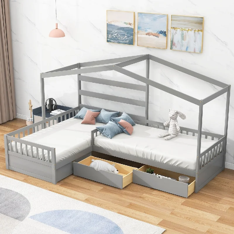 L-Shaped Twin Size House Platform Bed with 3 Storage Drawers, Solid Wood Bedframe for Kids Teens Bedroom, No Spring Box Required