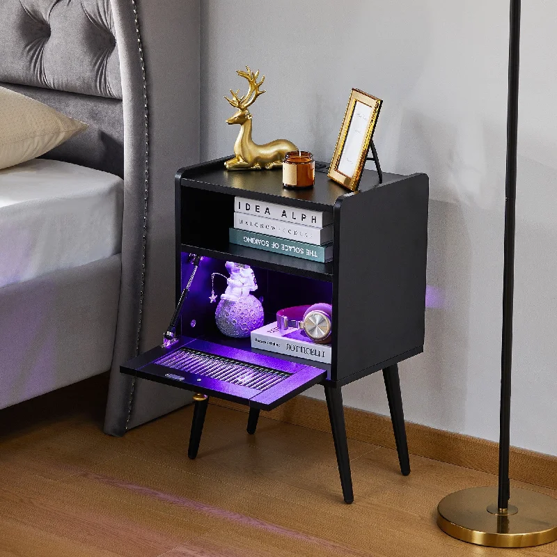 LED Bedside Table End Tables, Nightstand w/Glass Accent Doors Bedside Table, Living Room Display Cabinet with Charging Station