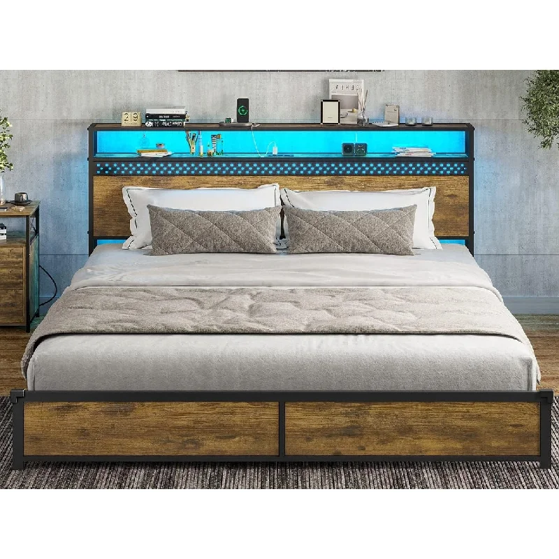 LED King Bed Frame with USB Ports & Outlets Storage Headboard