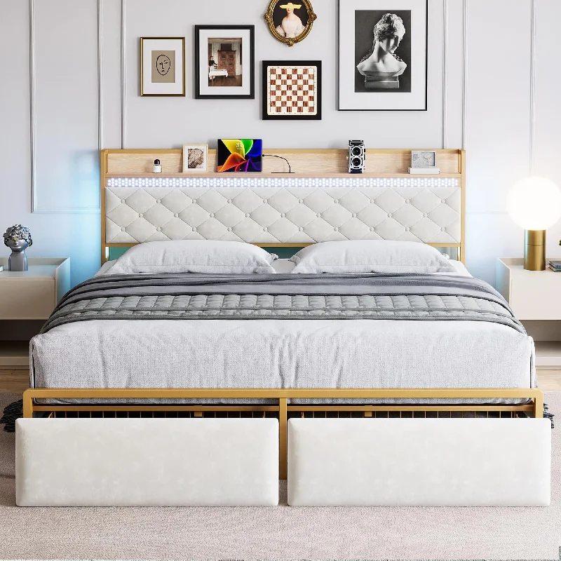 LED Light Bed Frame with 2 Storage Drawers and Upholstered Headboard