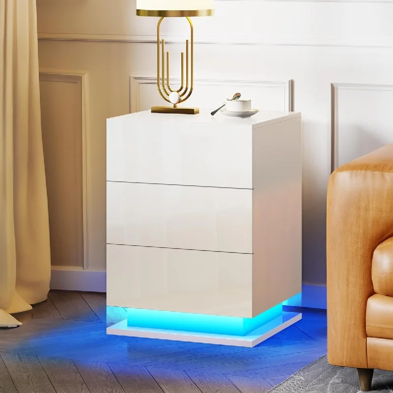 LED Nightstand with 3 drawers, White bedside Table, Modern End Side Table for Bedroom