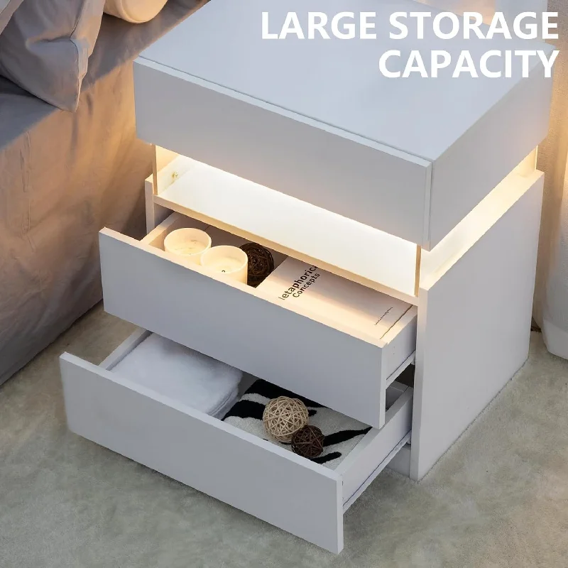 LED Nightstands 3 Drawer Bedroom Storage Cabinet, Display Cabinets White End Table, Bedroom Bedside Tables with Acrylic Board