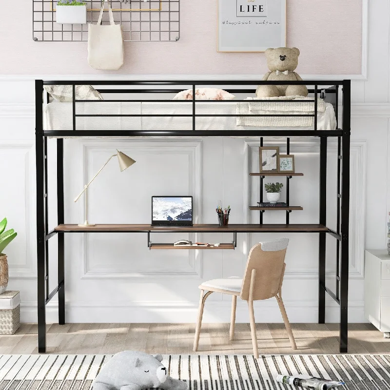 Loft Bed with 2 Ladder and Desk, Storage Shelf,Space Saving Design, Twin, Black