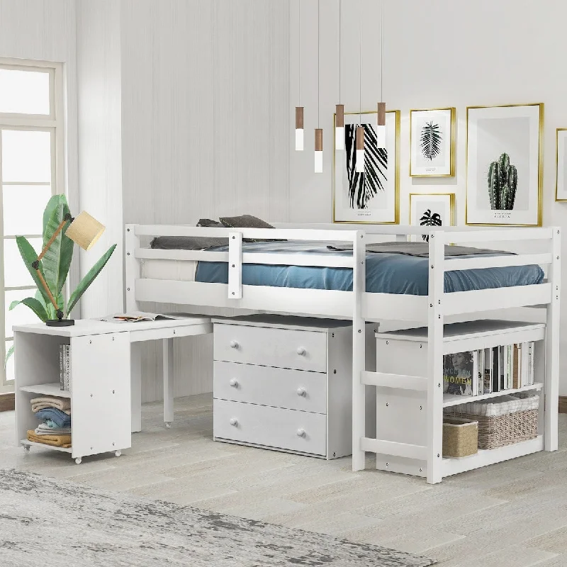 Low Twin Loft Bed with Rolling Portable Desk(with 1 Storage Shelf and 6 Casters), Wood Bed with Cabinet and Bookshelf