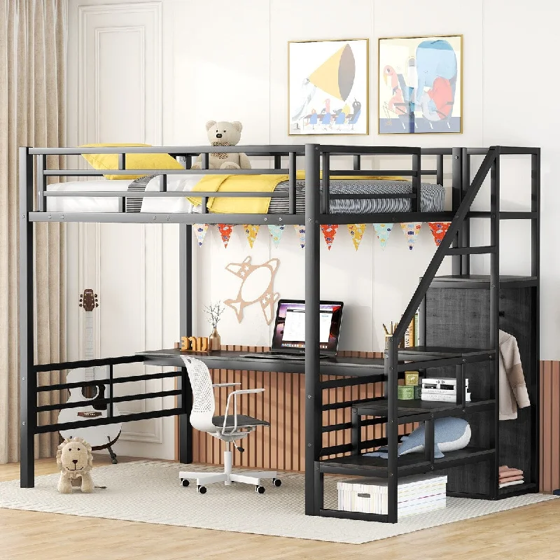 Metal Full Size Loft Bed with Desk, Reversible Storage Staircase and Small Wardrobe Underneath, Heavy-Duty Steel Frame Loft Bed