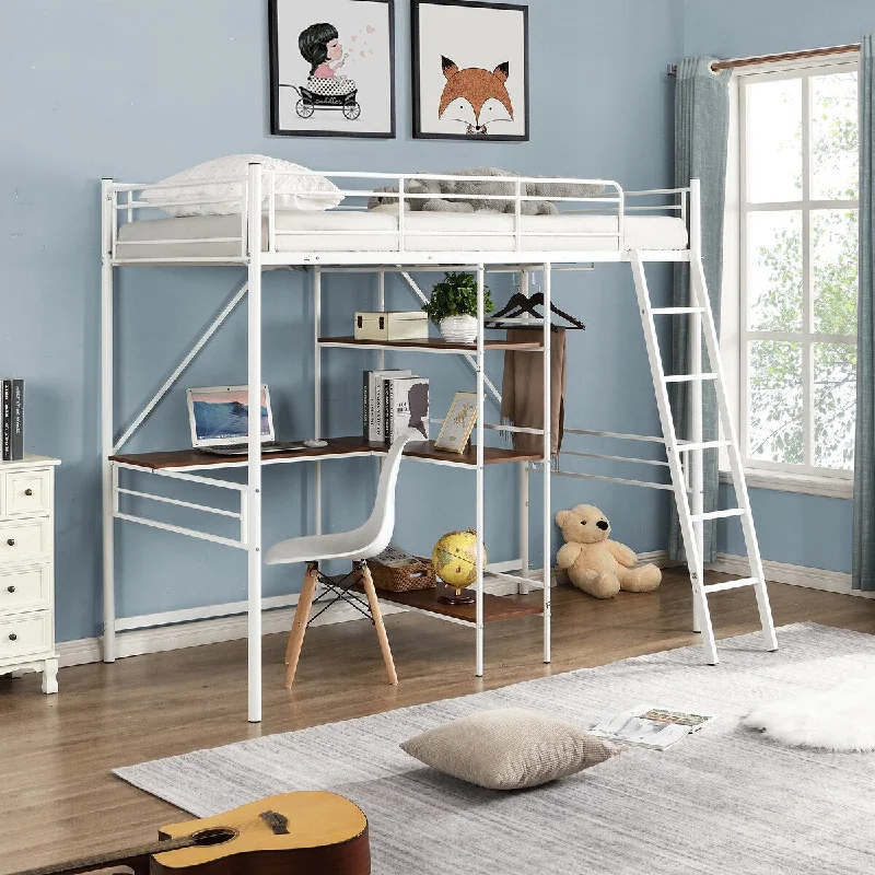 Metal Loft Bed with Built-in-Desk and Three-tier Shelves,Twin,White