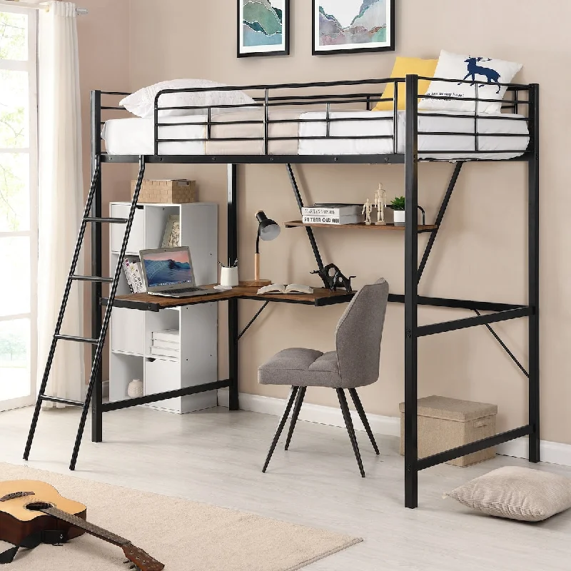 Metal Loft Bed with L-shaped Desk and Shelf, Black