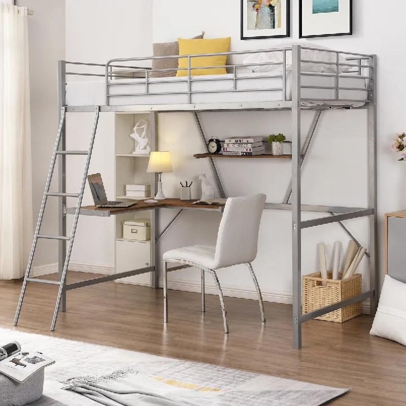 Metal Loft Bed with L-shaped Desk and Shelf, Silver