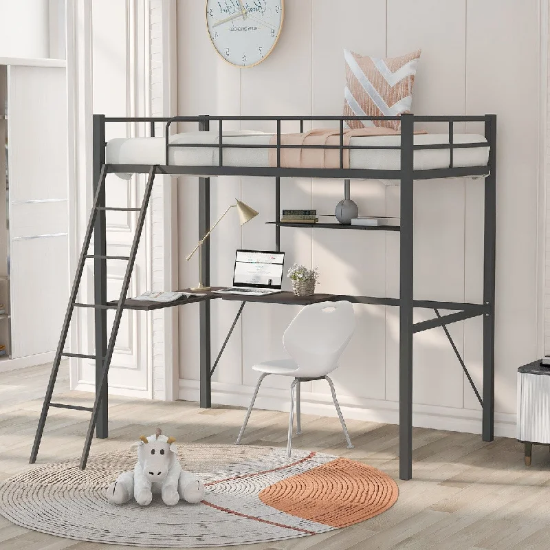 Metal Twin Loft Bed with Desk and Shelf, Twin Size High Loft Bed, Gray