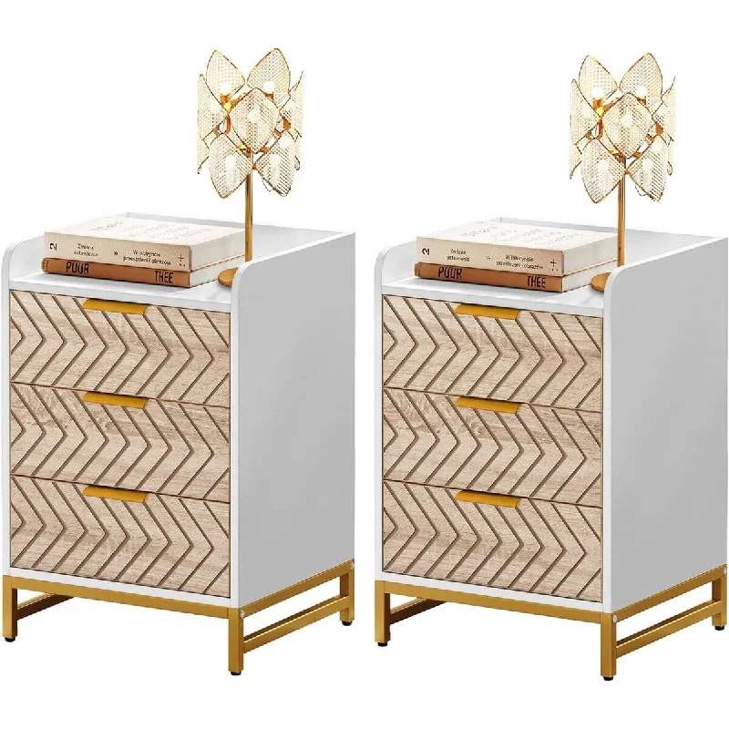 Moasis Set of 2 Nightstand Bedside Table with Chevron Design and Gold Metal Legs