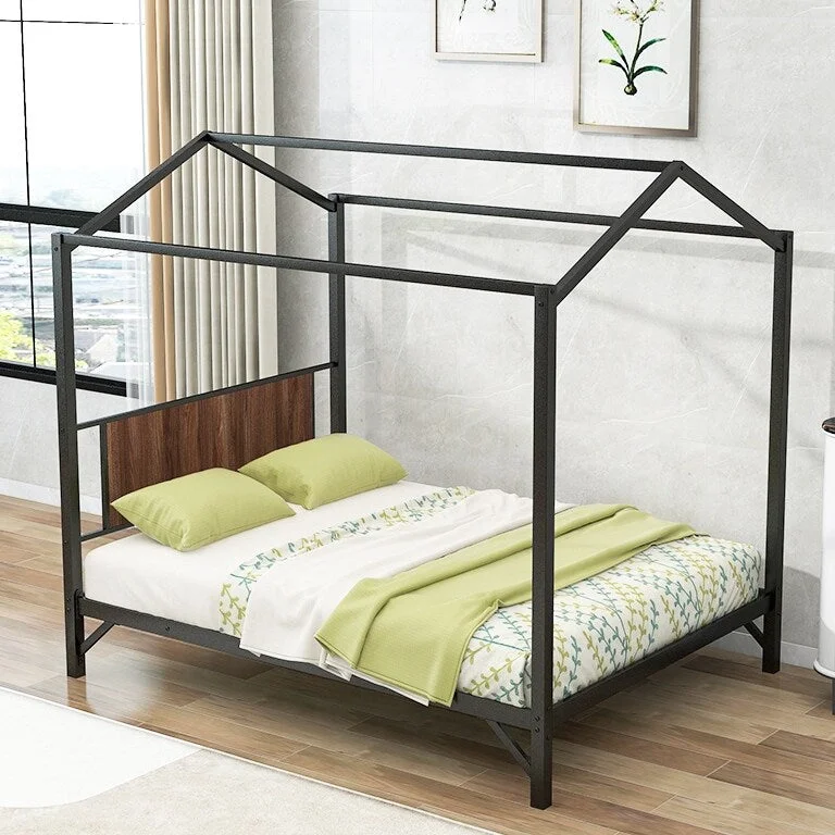 Modern Design Black Queen Size Metal House Shape Platform Bed with High Quality Solid Metal Frame and Metal Slats for Bedroom