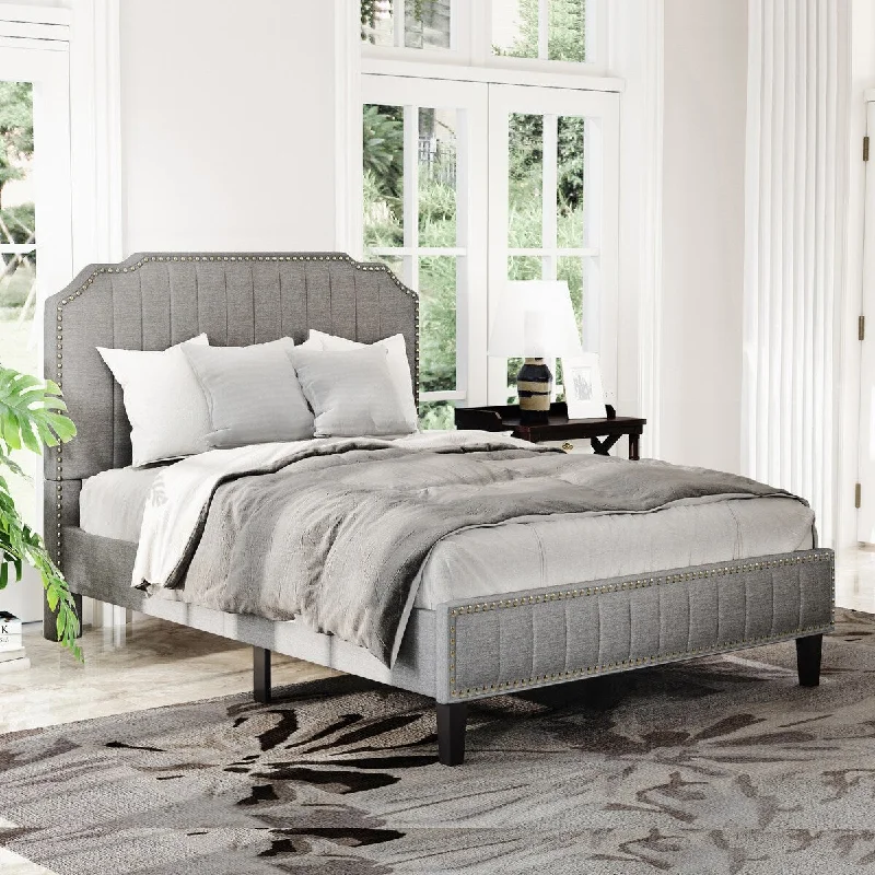 Modern Linen Curved Upholstered Platform Bed , Solid Wood Frame , Nailhead Trim (Full)