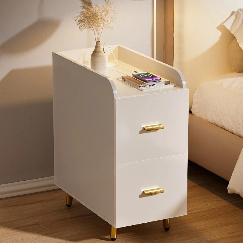 Modern Nightstand with Charging Station-2 Deep Drawers & Back Shelf Stylish High-Gloss Panel-Bedroom,White-Black-Pink