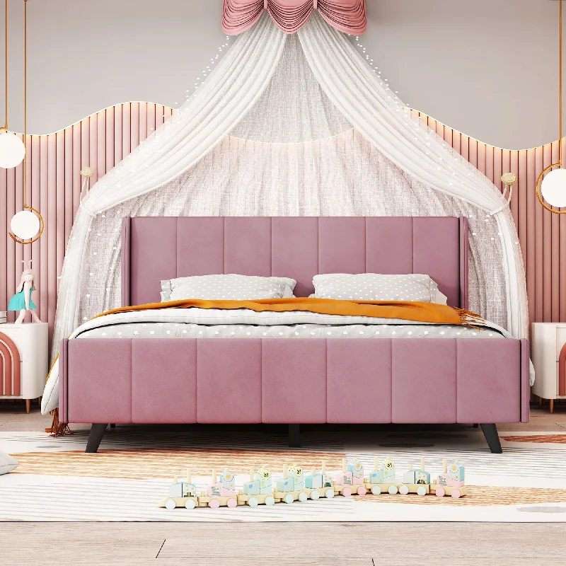 Modern Queen Size Upholstered Velvet Platform Bed, Pink