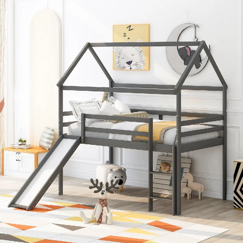 Modern Twin Size Loft Bed with Slide and Sturdy Slanted Ladder, Wooden House Bed with Under Bed Storage Space, Gray