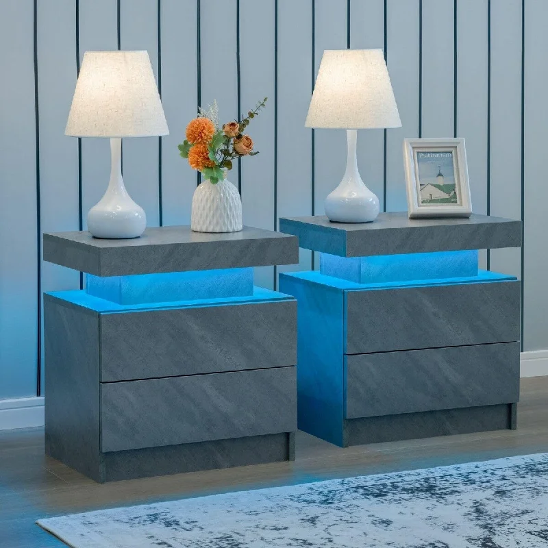 Night Stand set 2 Modern Bedside Tables with 2 Drawers Bedroom Night Stands set of 2 LED Night Stand for Bedroom, Living Room