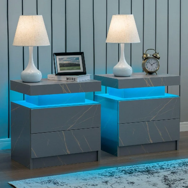 Nightstand Set of 2 LED with 2 Drawers, Bedside Table with Drawers for Bedroom Furniture, Side Bed Table with LED Light