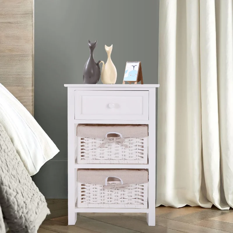 Nightstand, Storage Bedside Table with 2 Removable Baskets, Sofa Storage Bedside Table, White Display Cabinet with Drawer