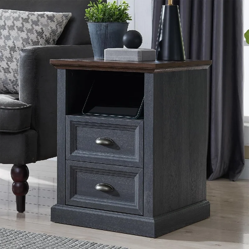 Nightstand with Charging Station, 2 Drawer Dresser Wood Rustic End Table w/Open Shlef, Side Table for Bedroom, Living Room