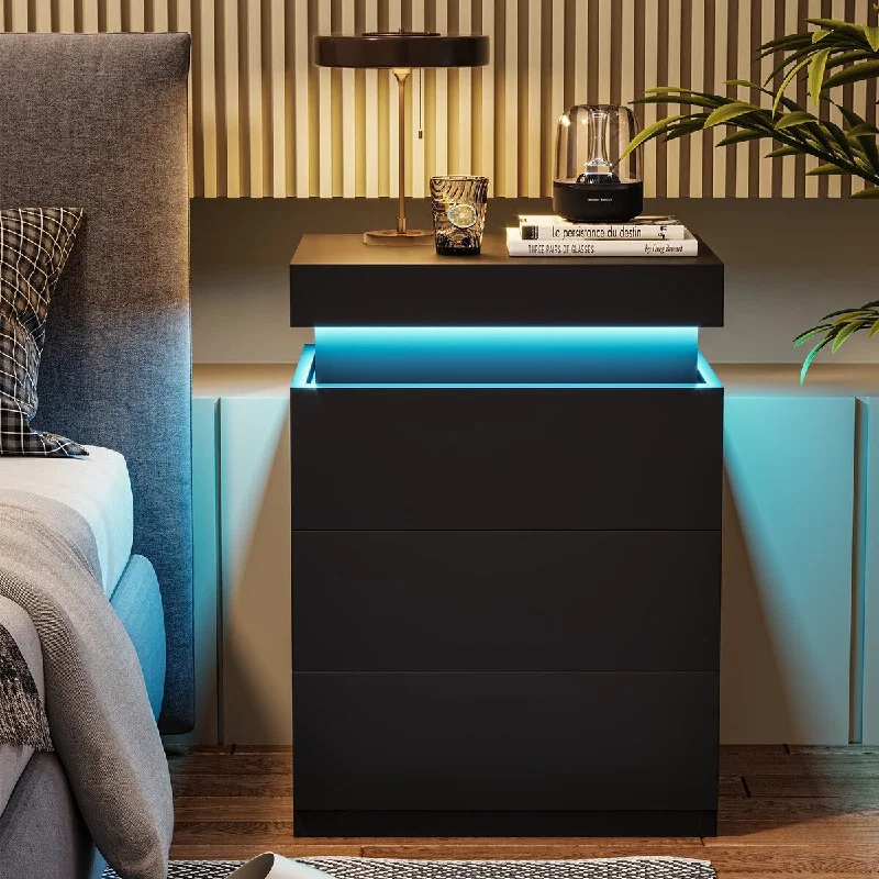 Nightstand with Charging Station and LED Lights with Sliding Top,Bedside Table with Drawers,Modern End Side Table, Black