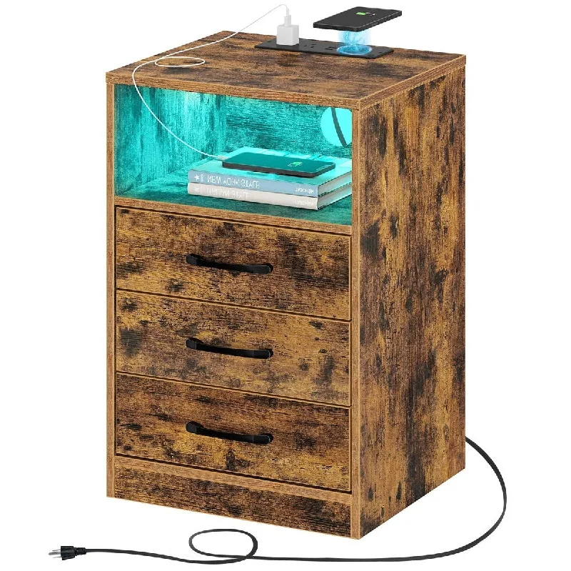 Nightstand with Wireless Charging Station and LED Lights, Rustic End Side Table with 3 Drawers and Open Compartment for Bedroom