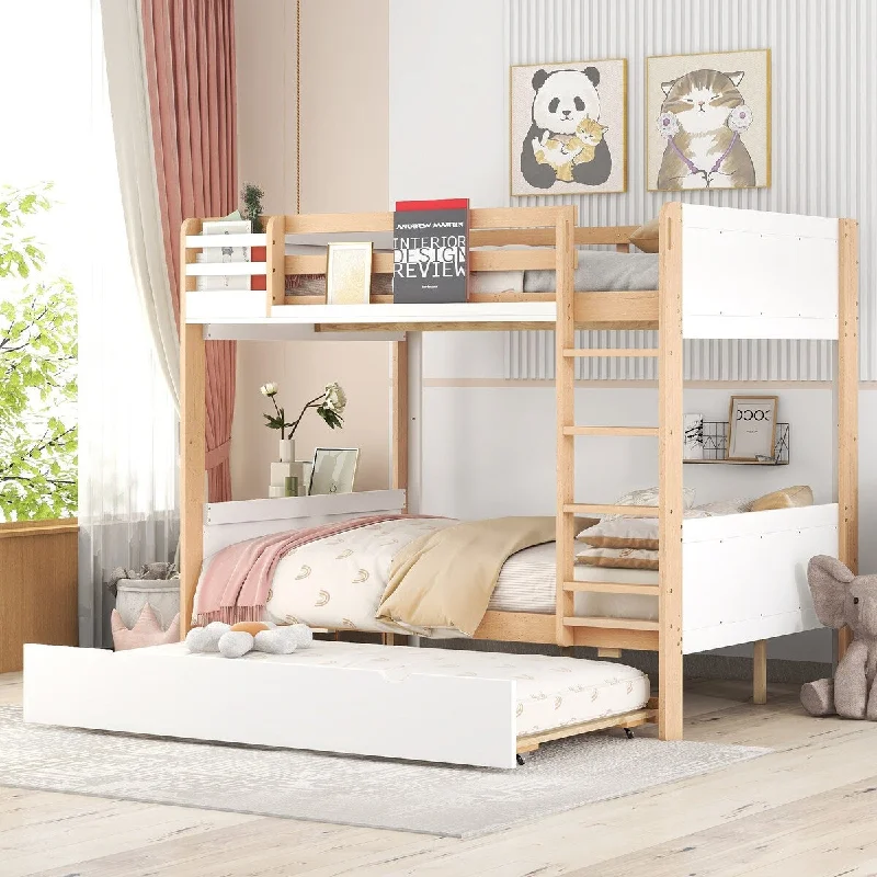 Pine Wood Full over Full Bunk Bed with Trundle, Storage Shelves, and Sturdy Design for Maximized Space and Safety