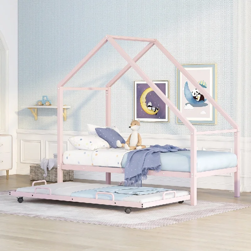 Pink Metal House Bed with Trundle, Twin Size, Maximized Space, Open & Spacious, Solid & Sturdy, with Trundle