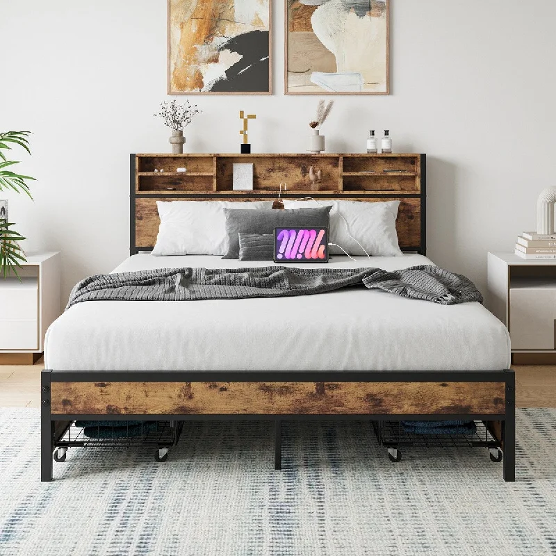 Queen Bed Frame with Storage Headboard, 4 Drawers, and Charging Station, Metal Platform Bed, Sturdy, No Noise