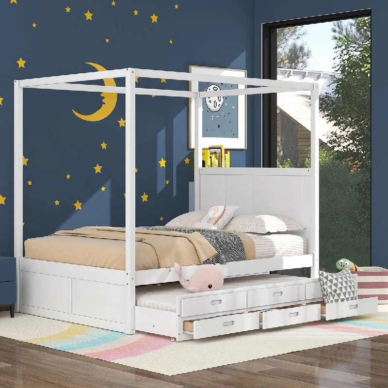 Queen Size Canopy Platform Bed with Trundle and 3 Storage Drawers