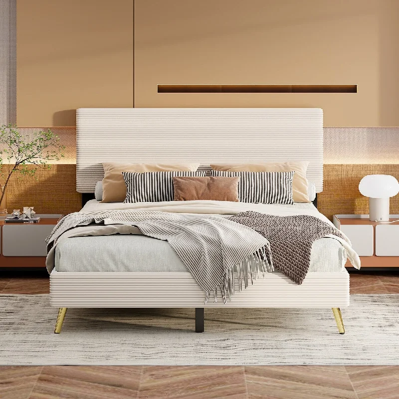 Queen Size Corduroy Upholstered Bed Frame,Platform Bed with Horizontal Stripe Headboard,Beige