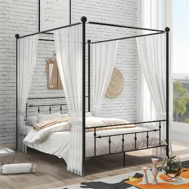 Queen Size Metal Canopy Platform Bed With Headboard, Metal Slat Bed