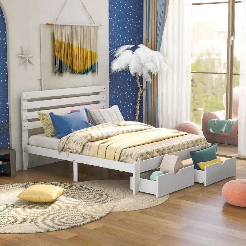 Queen Size Wood Platform Bed with 2 Drawers and Headboard, No Box Spring Needed, Bedroom Furniture for Kids Teens Adults