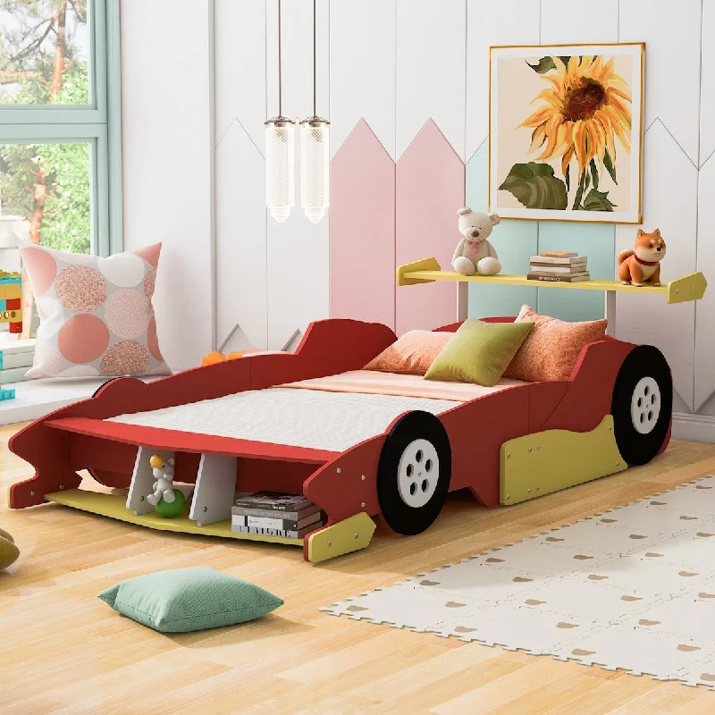 Red Full Size Cool Pine Wood Race Car Platform Bed with Rear Wing and Front Spoiler, Safety Rails, Wheels, Easy Assembly