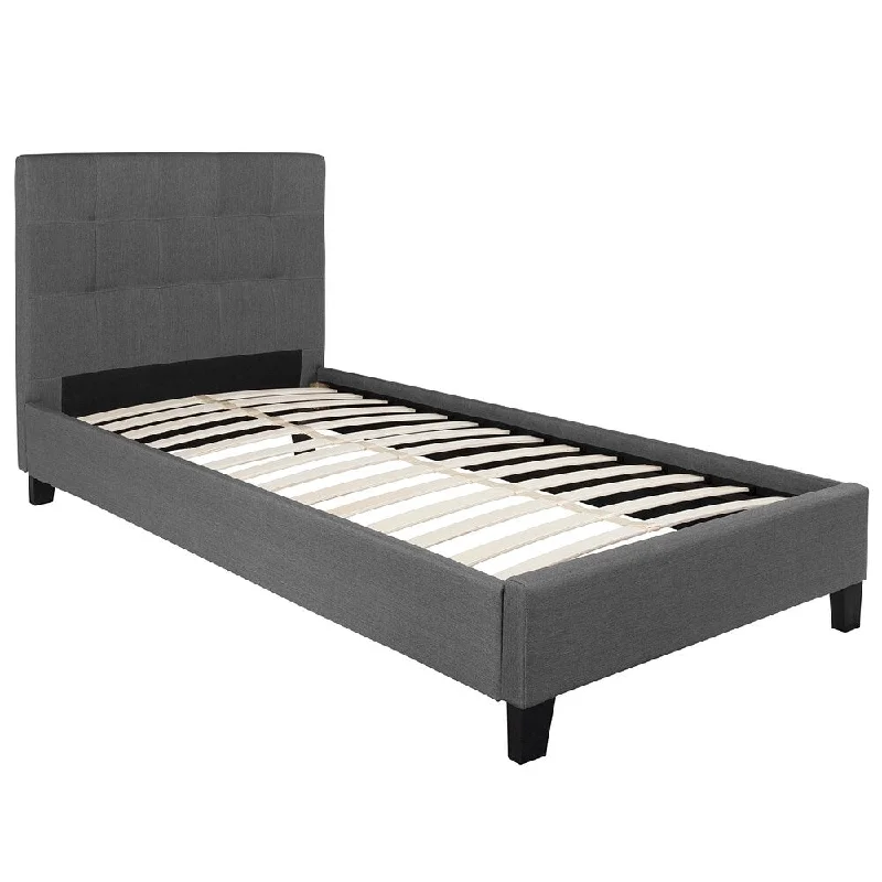 Roselle Twin Size Dark Grey Fabric Platform Bed with Tufted Headboard