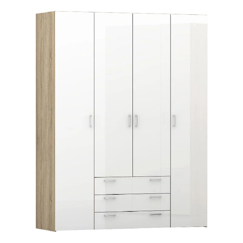 Space Oak & White High Gloss 4 Doors Wardrobe