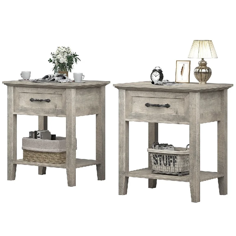 Square Nightstand, Bedside Table End Table for Bedroom 2pcs-Grey