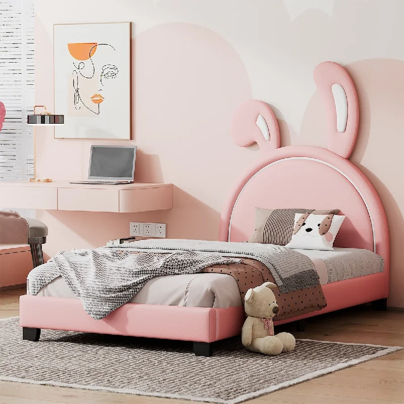 Stylish Twin Leather Bed with Rabbit Design, Durable PU Upholstery, and Strong Support, Easy Assembly