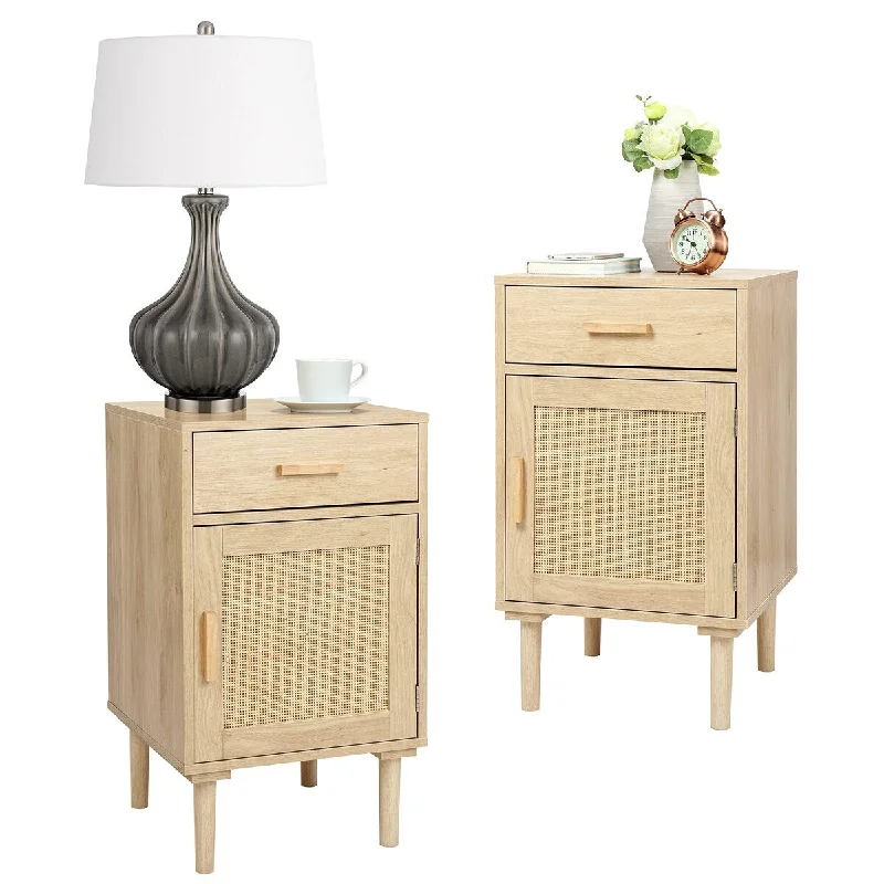 Tall Nightstands Set of 2, Bedside Table Set of 2 with Drawer and Shelf, Hand Made Rattan Decorated Doors with Storage